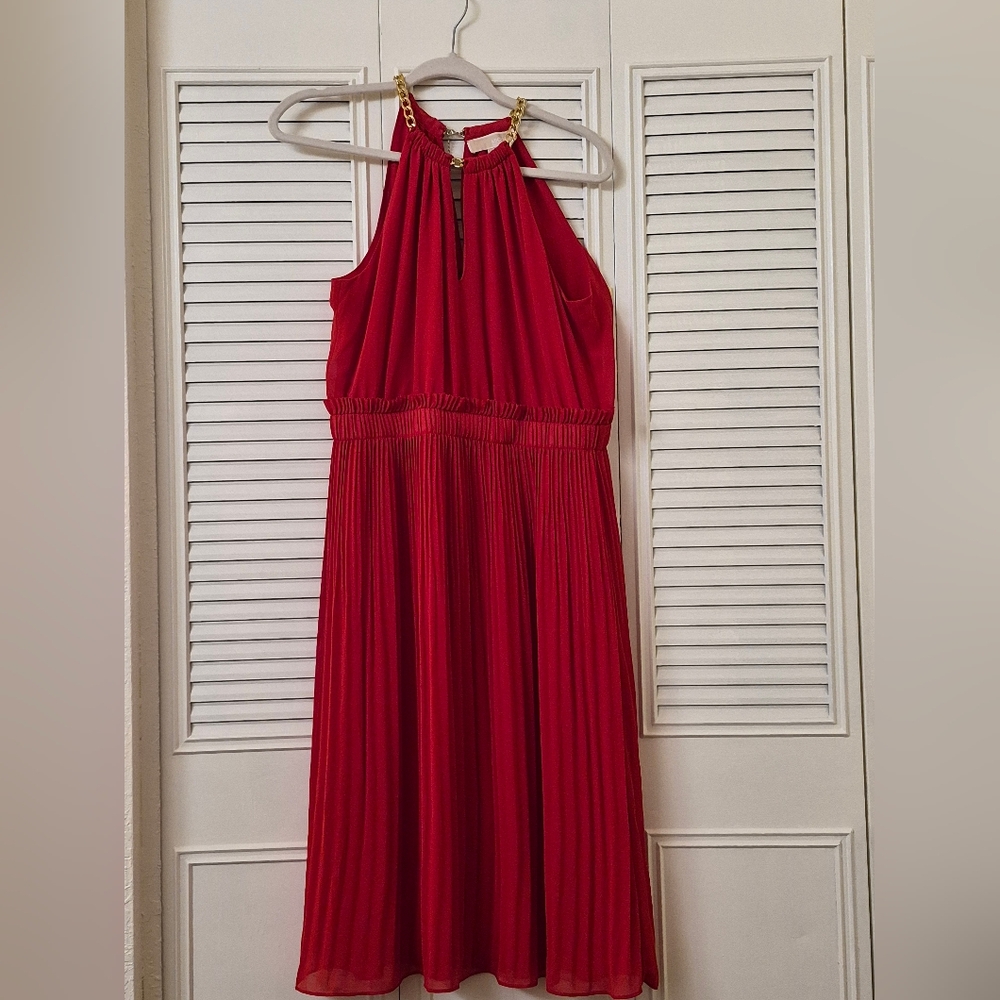 MICHAEL KORS Red Dress with Gold Chain Halter Neck Straps,Medium